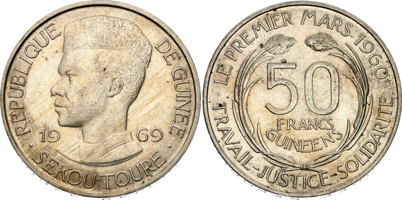 Guinea 50 Francs Guineens 1969
KM# 8, N# 10581; Copper-nickel; Sekou Toure; XF-...