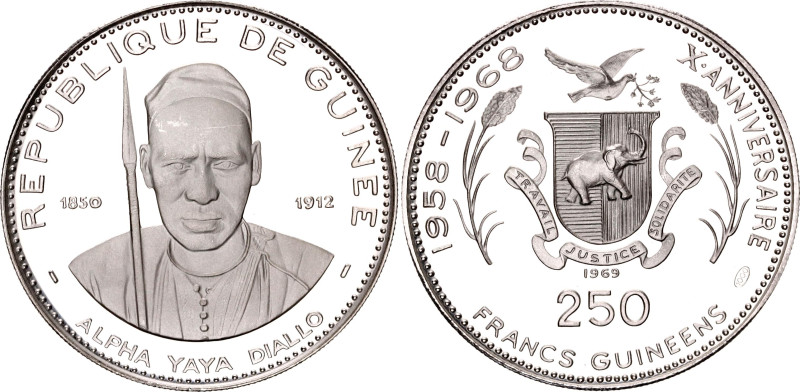 Guinea 250 Francs Guineens 1969
KM# 13, N# 44978; Silver, Proof; Alpha Yaya Dia...