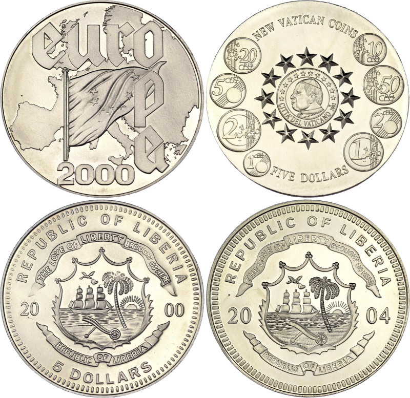 Liberia 2 x 5 Dollars 2000 - 2004
Copper-Nickel; Europe & New Vatican Coins; UN...