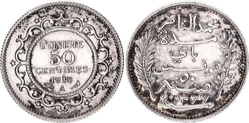 Tunisia 50 Centimes 1918 AH 1337 A R
KM# 237, N# 11222; Silver; Muhammad V (190...
