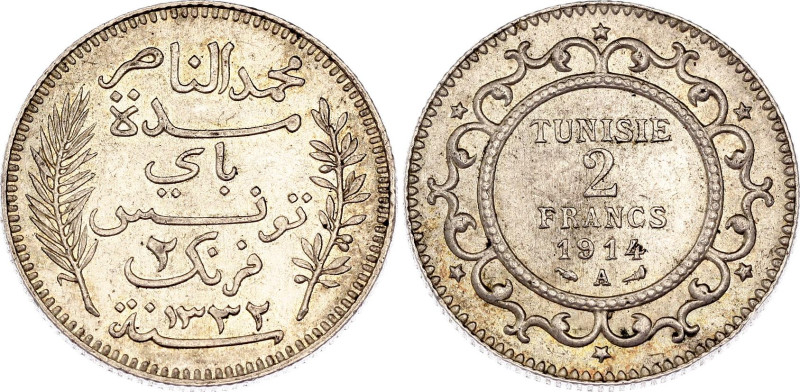 Tunisia 2 Francs 1914 AH 1332 A
KM# 239, N# 11224; Silver; Muhammad V; Paris Mi...