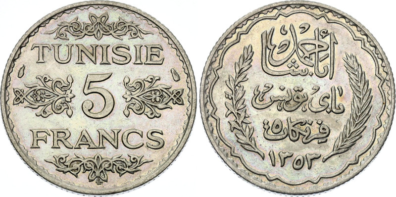 Tunisia 5 Francs 1935 AH 1353
KM# 261, N# 11230; Silver; Ahmad II; Paris Mint; ...