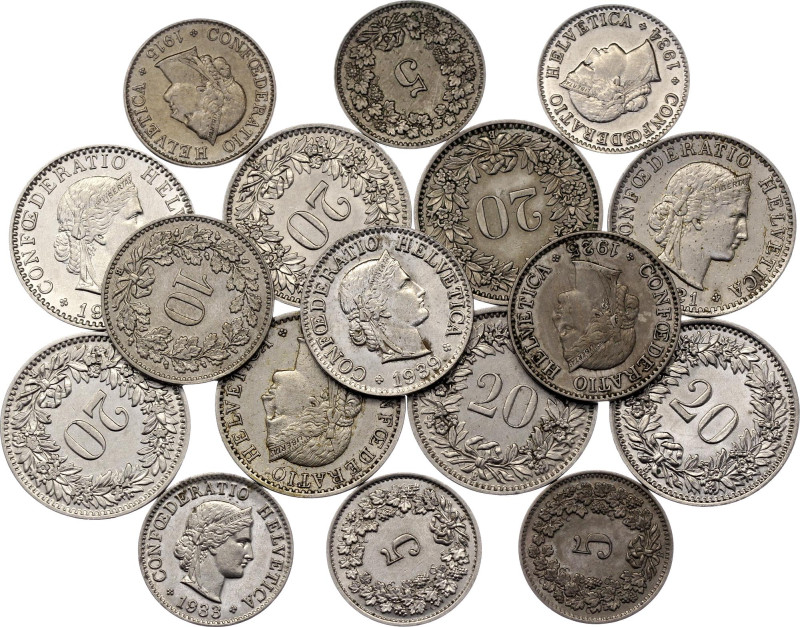 Switzerland Lot of 17 Coins 1908 - 1939 B
KM# 26, 27, 29, 29a; 5 - 10 - 20 Rapp...
