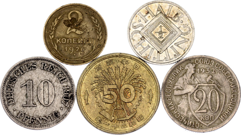 World Lot of 5 Coins 1907 - 1946
With Silver; Various countries, dates & denomi...