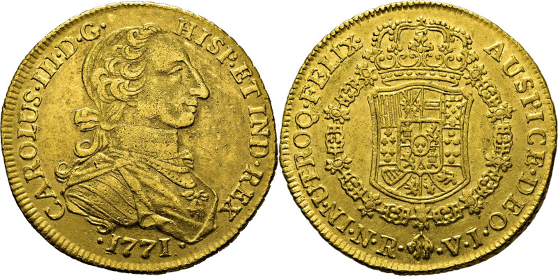 ESPAÑA. Carlos III. Nuevo Reino, Santa Fe de. 8 escudos. 1771. VJ. Cy12820. 26´9...