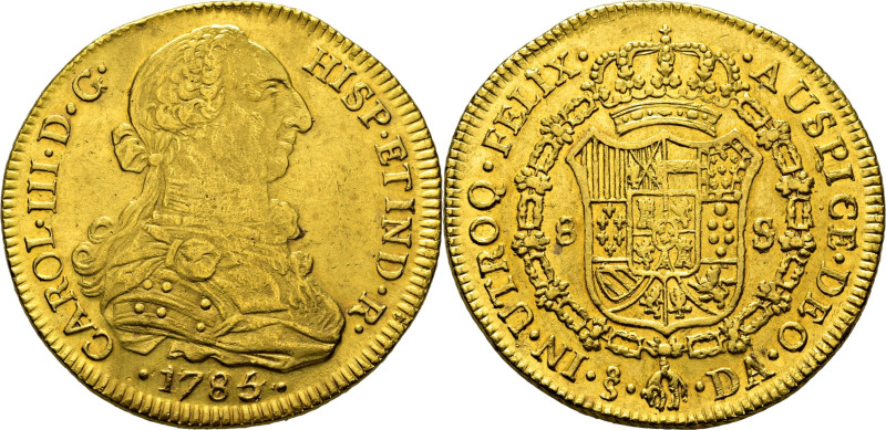 ESPAÑA. Carlos III. Santiago. 8 escudos. 1785 sobre 4. DA. Cy12974. 26´96 g. Anv...