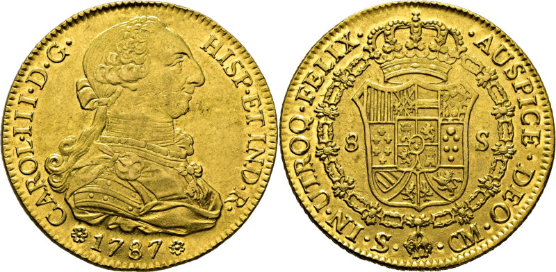 ESPAÑA. Carlos III. Sevilla. 8 escudos. 1787 sobre 6. CM. Cy12998. 27´04 g. Algu...