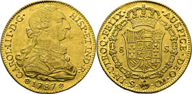 Carlos III. Sevilla. 8 escudos. 1787 sobre 6. CM. EBC o algo mejor. Muy buen ejemplar. Rara