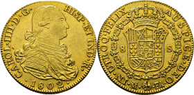 Carlos IV. Madrid. 8 escudos. 1802. FA. EBC y algo mejor el reverso. Buen ejemplar