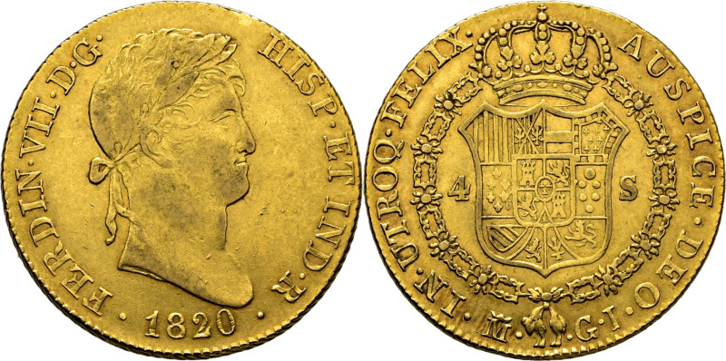 ESPAÑA. Fernando VII. Madrid. 4 escudos. 1820. GJ. Cy16350. 13´59 g. MBC+, resto...