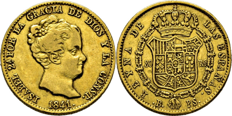 ESPAÑA. Isabel II. Barcelona. 80 reales. 1841 sobre 0. PS. Cy17315. 6´7 g. MBC+....
