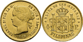 Isabel II. Manila. 4 pesos. 1868. Casi SC-. Muy buen ejemplar