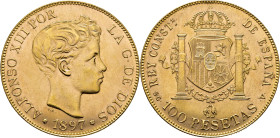 Alfonso XII. Madrid. 100 pesetas. 1897*19-62. SGV. SC. Tono. Muy buen ejemplar. Atractiva