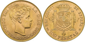 Alfonso XII. Madrid. 100 pesetas. 1897*19-62. SGV. Mejor que SC. Tono. Muy buen y atractivo ejemplar