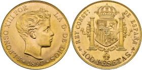 Alfonso XII. Madrid. 100 pesetas. 1897*19-62. SGV. Mejor que SC/SC. Notable anverso. Muy buen ejemplar
