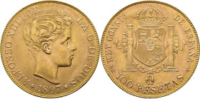 Alfonso XII. Madrid. 100 pesetas. 1897*19-62. SGV. SC o algo mejor el reverso. Tono. Buen ejemplar