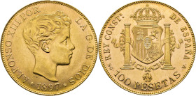 Alfonso XII. Madrid. 100 pesetas. 1897*19-62. SGV. Casi SC. Atractivo lustre