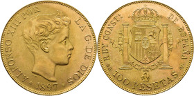 Alfonso XII. Madrid. 100 pesetas. 1897*19-62. SGV. SC. Intenso tono. Atractiva