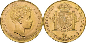 Alfonso XII. Madrid. 100 pesetas. 1897*19-62. SGV. SC. Tono en anverso. Muy buen ejemplar. Atractiva