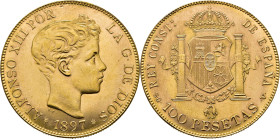 Alfonso XII. Madrid. 100 pesetas. 1897*19-62. SGV. SC. Tono. Buen ejemplar. Notable reverso