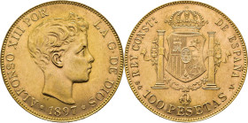 Alfonso XII. Madrid. 100 pesetas. 1897*19-62. SGV. SC. Atractivo tono. Muy buen ejemplar