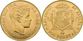 Alfonso XII. Madrid. 100 pesetas. 1897*19-62. SGV. SC. Tono. Muy buen ejemplar. Notable acuñación