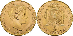 Alfonso XII. Madrid. 100 pesetas. 1897*19-62. SGV. SC+/SC. Tono. Estupenda
