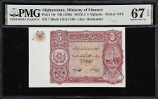 AFGHANISTAN. Ministry of Finance. 5 Afghanis, ND (1936). P-16r. Remainder. PMG Superb Gem Uncirculated 67 EPQ.

Estimate: $150.00- $250.00