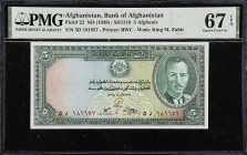 AFGHANISTAN. Bank of Afghanistan. 5 Afghanis, ND (1939). P-22. PMG Superb Gem Uncirculated 67 EPQ.

Estimate: $75.00- $125.00
