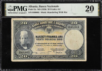ALBANIA. Banka Kombetare e Shqipnis / Banca Nazionale d'Albania. 20 Franka Ari, ND (1926). P-3a. PMG Very Fine 20.

Estimate: $25.00- $50.00