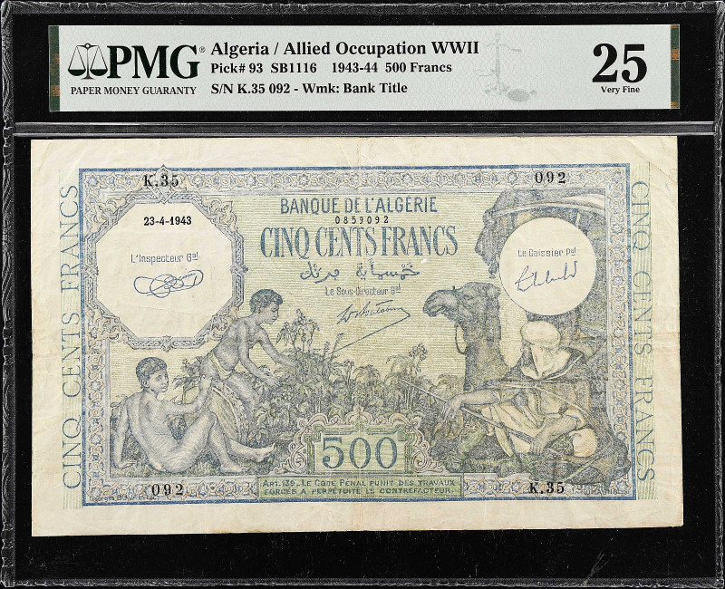ALGERIA. Banque de l'Algerie. 500 Francs, 1943. P-93. PMG Very Fine 25.

Estim...