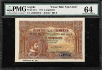 ANGOLA. Provincia de Angola. 5 Angolares, 1926. P-66cts. Color Trial Specimen. PMG Choice Uncirculated 64.
The top of the holder is damaged.

Estim...