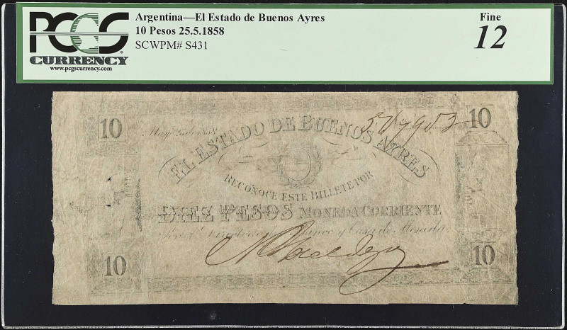 ARGENTINA. El Estado de Buenos Ayres. 10 Pesos, 1858. P-S431. PCGS Currency Fine...
