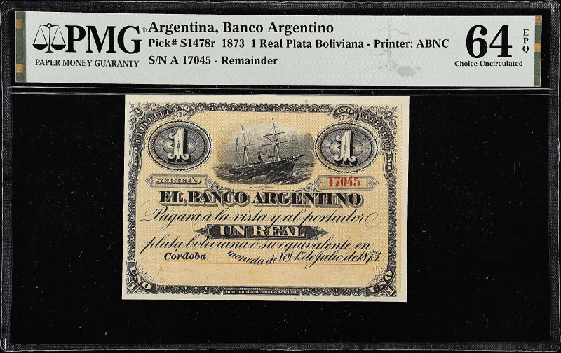 ARGENTINA. Banco Argentino. 1 Real Plata Boliviana, 1873. P-S1478r. Remainder. P...