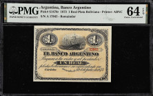 ARGENTINA. Banco Argentino. 1 Real Plata Boliviana, 1873. P-S1478r. Remainder. PMG Choice Uncirculated 64 EPQ.

Estimate: $200.00- $400.00