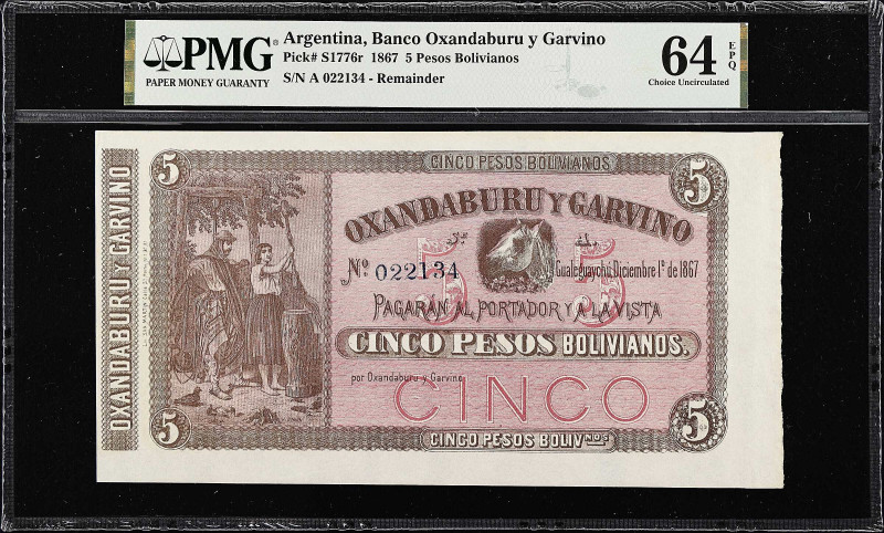 ARGENTINA. Banco Oxandaburu y Garvino. 5 Pesos Bolivianos, 1867. P-S1776r. Remai...