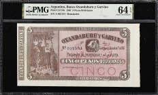 ARGENTINA. Banco Oxandaburu y Garvino. 5 Pesos Bolivianos, 1867. P-S1776r. Remainder. PMG Choice Uncirculated 64 EPQ.

Estimate: $100.00- $200.00