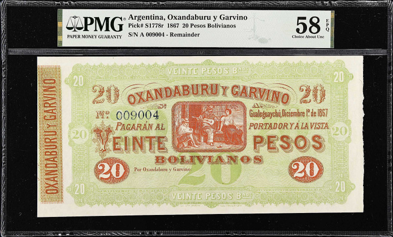 ARGENTINA. Oxandaburu y Garvino. 20 Pesos Bolivianos, 1867. P-S1778r. Remainder....