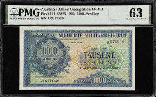 AUSTRIA. Alliierte Militarbehorde. 1000 Schilling, 1944. P-111. SB223. PMG Choice Uncirculated 63.
PMG comments "Previously Mounted".

Estimate: $7...