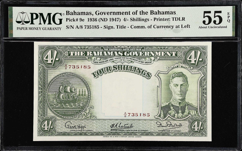 BAHAMAS. Bahamas Government. 4/- Shillings, 1936 (ND 1947). P-9e. PMG About Unci...