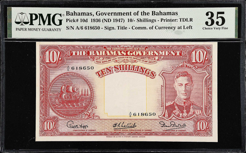 BAHAMAS. Bahamas Government. 10/- Shillings, 1936 (ND 1947). P-10d. PMG Choice V...