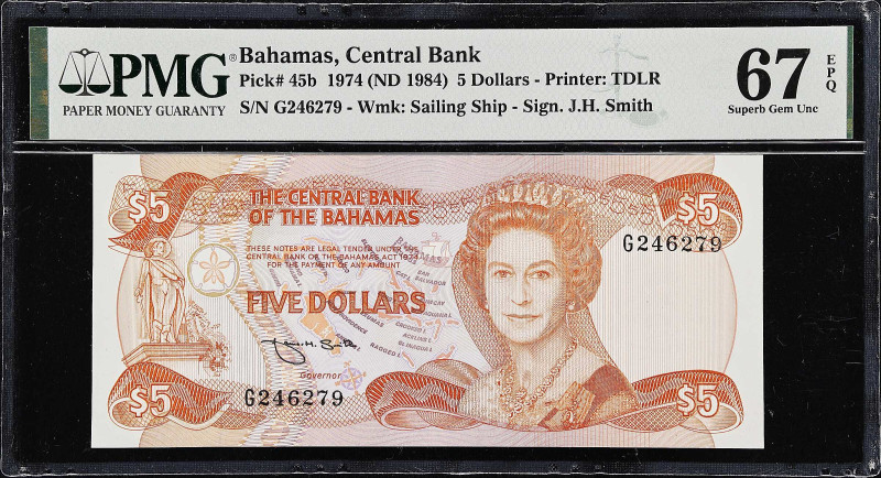 BAHAMAS. Central Bank of the Bahamas. 5 Dollars, 1974 (ND 1984). P-45b. PMG Supe...