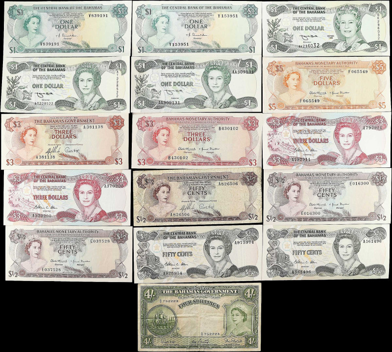 BAHAMAS. Lot of (16). Mixed Banks. 4 Shillings, 1/2, 1, 3, & 5 Dollars, Mixed Da...