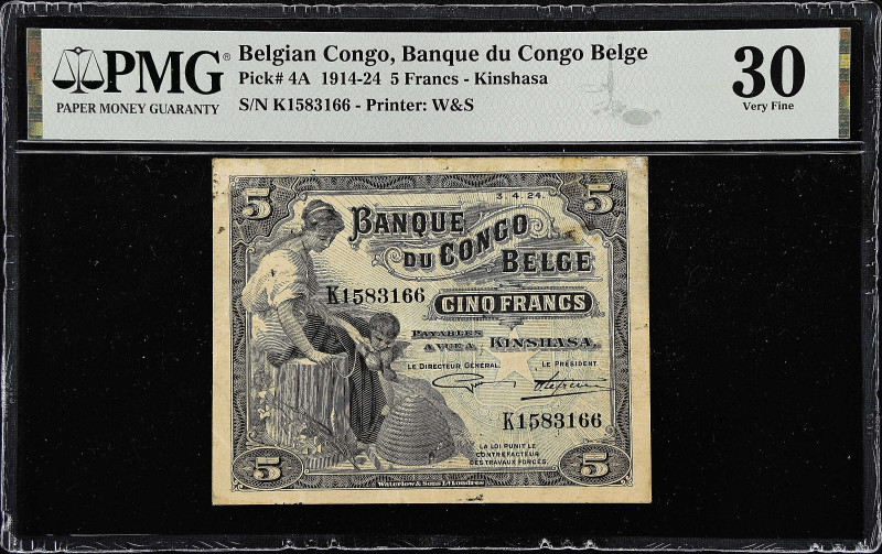 BELGIAN CONGO. Banque du Congo Belge. 5 Francs, 1924. P-4A. PMG Very Fine 30.
P...