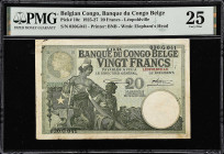 BELGIAN CONGO. Banque du Congo Belge. 20 Francs, 1925. P-10c. PMG Very Fine 25.
Printed by BNB. Watermark of elephant's head. Leopoldville. Dated Oct...