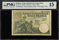 BELGIAN CONGO. Banque du Congo Belge. 20 Francs, 1929. P-10f. PMG Choice Fine 15.
Printed by BNB. Watermark of Elephant's Head. Without office overpr...
