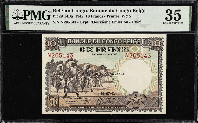 BELGIAN CONGO. Banque du Congo Belge. 10 Francs, 1942. P-14Ba. PMG Choice Very F...