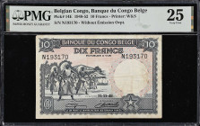 BELGIAN CONGO. Banque du Congo Belge. 10 Francs, 1948. P-14E. PMG Very Fine 25.

Estimate: $100.00- $200.00