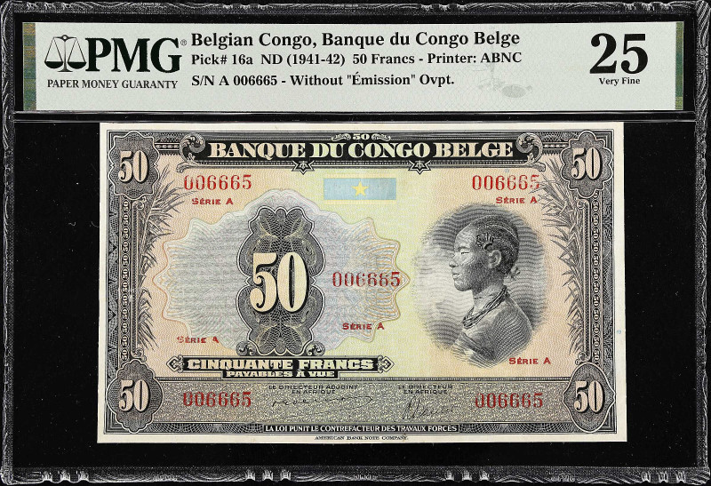 BELGIAN CONGO. Banque du Congo Belge. 50 Francs, ND (1941-42). P-16a. PMG Very F...