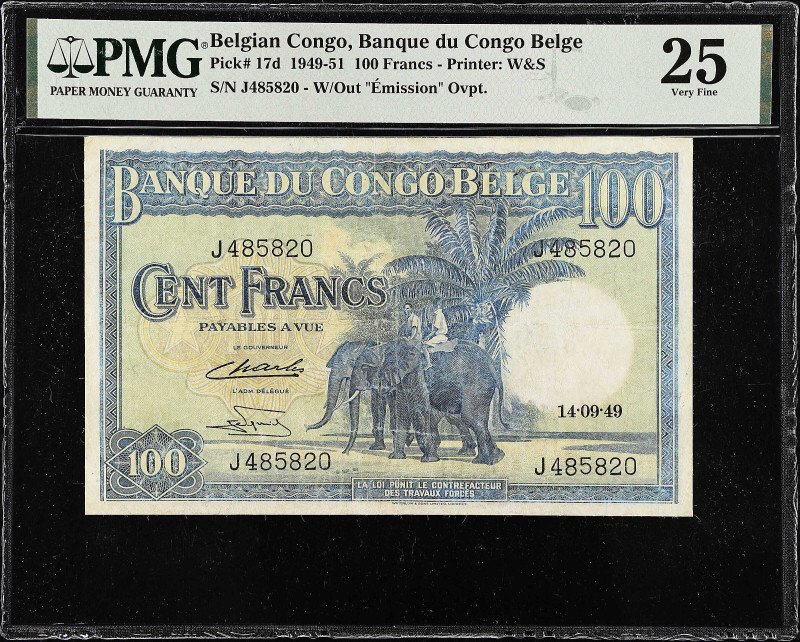 BELGIAN CONGO. Banque du Congo Belge. 100 Francs, 1949. P-17d. PMG Very Fine 25....